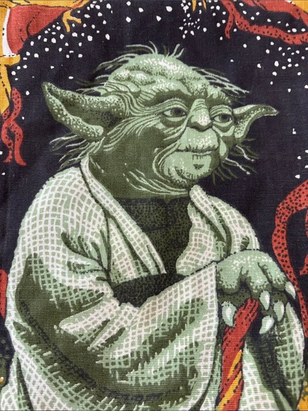 Vintage 1980 Yoda Star Wars curtain panel, cotton blend, brown/tan/green, 28x62”